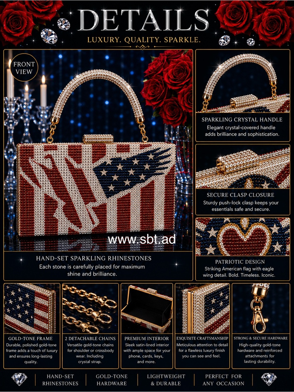 NWT Beautiful Sparkling Bling Swarovski Crystal American Flag Clutch Pur… - Picture 9 of 16